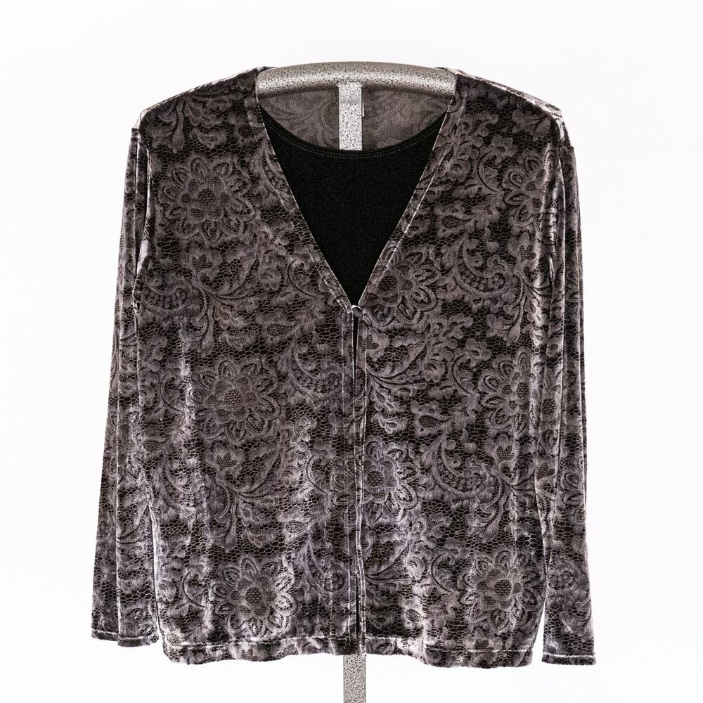 Notations Women's Velvety Velour Two-Fer Twin-Set Style Top XL Gray Black Floral